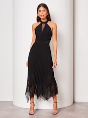 Lipsy Black Halter Pleated Lace Midi Dress - Image 1 of 4