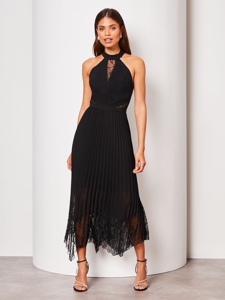 Lipsy Black Halter Pleated Lace Midi Dress - Image 1 of 4