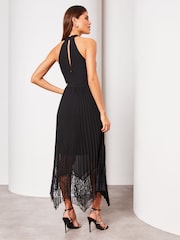 Lipsy Black Halter Pleated Lace Midi Dress - Image 2 of 4