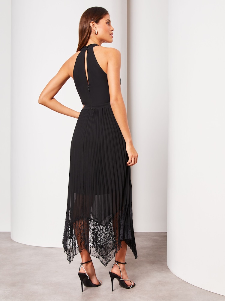 Lipsy Black Halter Pleated Lace Midi Dress - Image 2 of 4