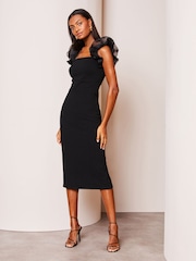 Lipsy Black Organza Ruffle Sleeve Bodycon Midi Dress - Image 1 of 4