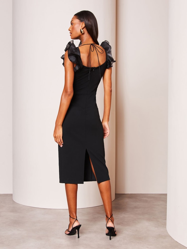 Lipsy Black Organza Ruffle Sleeve Bodycon Midi Dress - Image 2 of 4