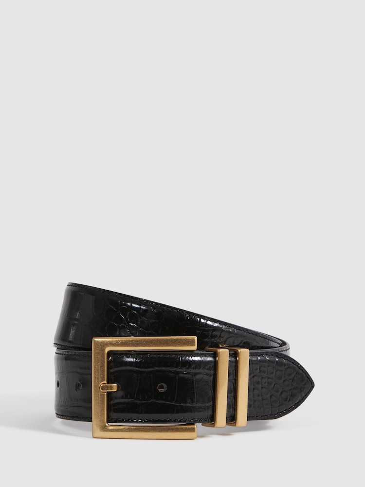 Reiss Black Brompton Patent Leather Crocodile Design Belt - Image 1 of 4 Reiss Black Brompton Patent Leather Crocodile Design Belt - Image 1 of 4