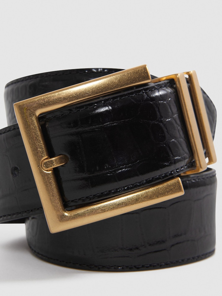 Reiss Black Brompton Patent Leather Crocodile Design Belt - Image 4 of 4 Reiss Black Brompton Patent Leather Crocodile Design Belt - Image 4 of 4