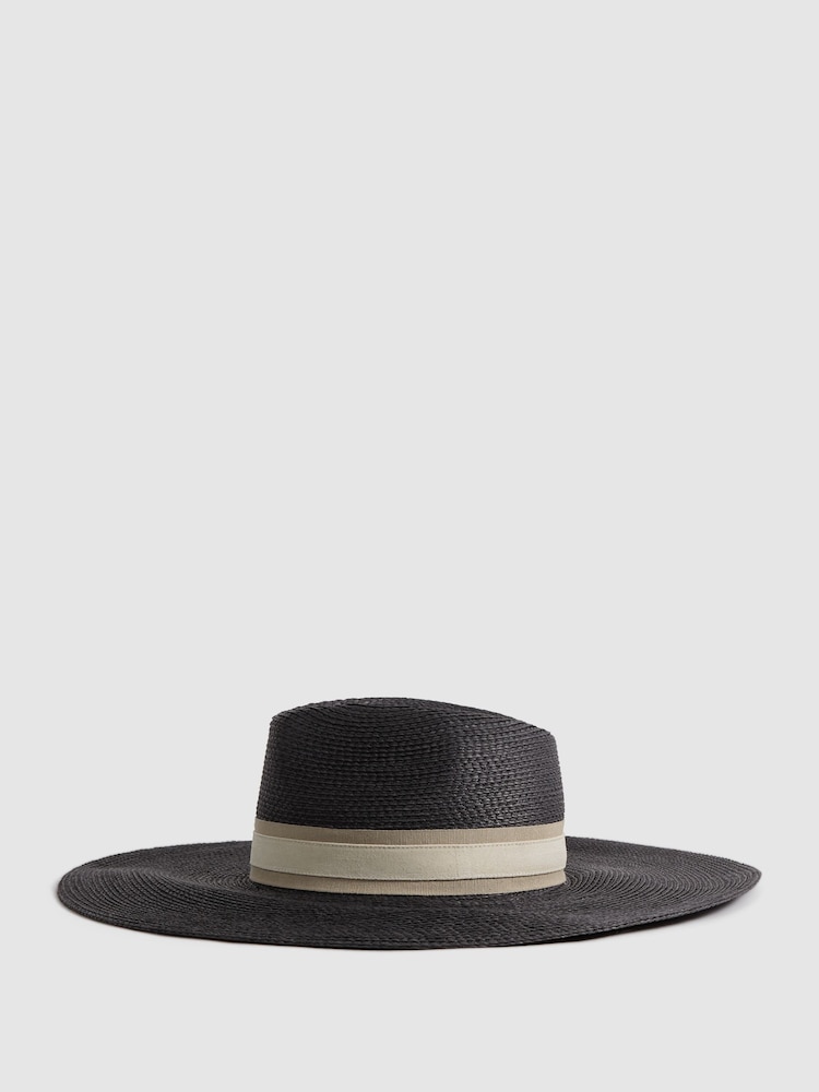 Reiss Black Georgina Raffia Wide Brim Sun Hat - Image 1 of 4