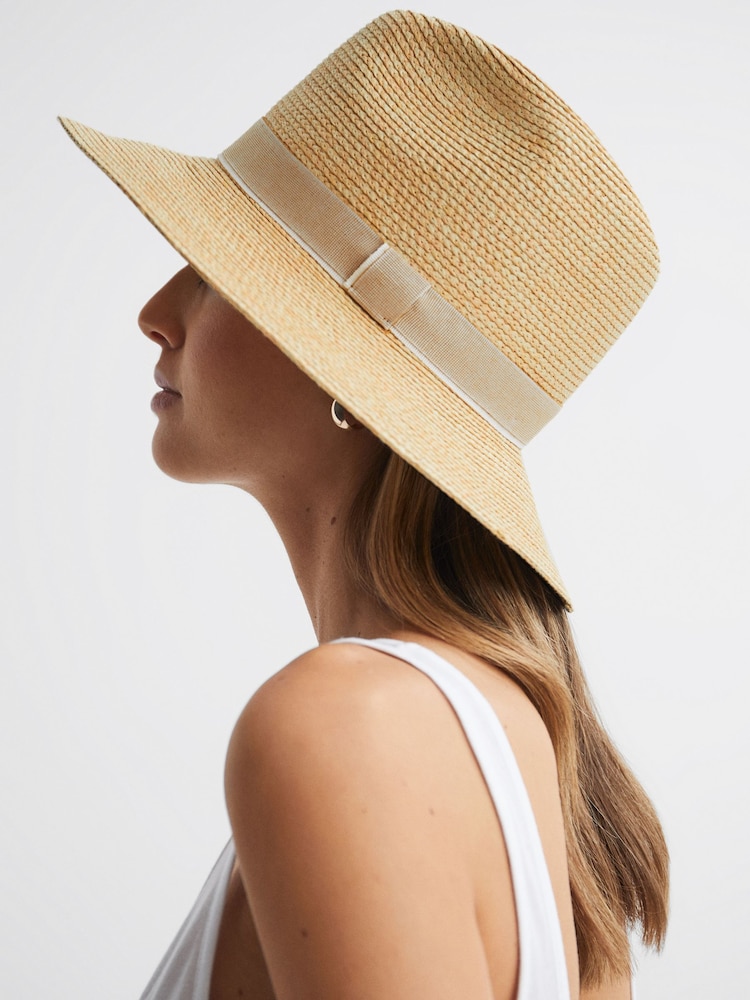 Reiss Natural Gracie Raffia Short Brim Sun Hat - Image 2 of 4 Reiss Natural Gracie Raffia Short Brim Sun Hat - Image 2 of 4