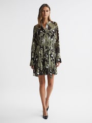 Reiss Dark Khaki Brianna Printed Belted Mini Dress - Image 1 of 5