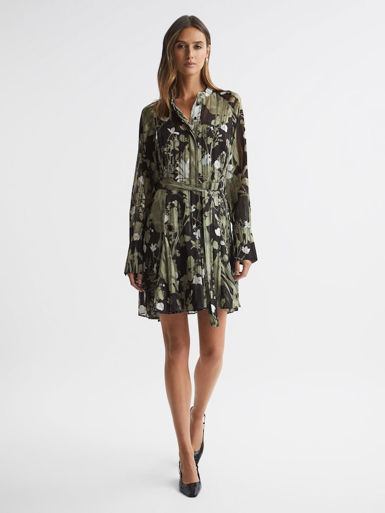 Reiss Dark Khaki Brianna Printed Belted Mini Dress - Image 1 of 5
