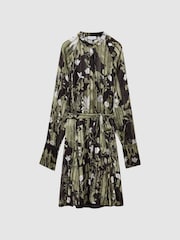Reiss Dark Khaki Brianna Printed Belted Mini Dress - Image 2 of 5