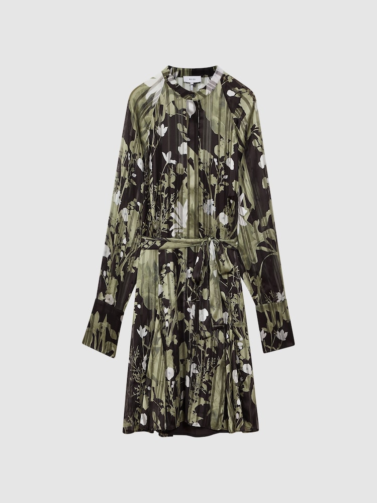 Reiss Dark Khaki Brianna Printed Belted Mini Dress - Image 2 of 5