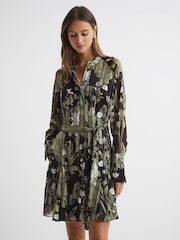 Reiss Dark Khaki Brianna Printed Belted Mini Dress - Image 3 of 5