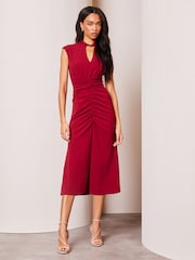 Lipsy Berry Red Ruched Front Keyhole Short Sleeve Midi Dress - Image 1 of 4