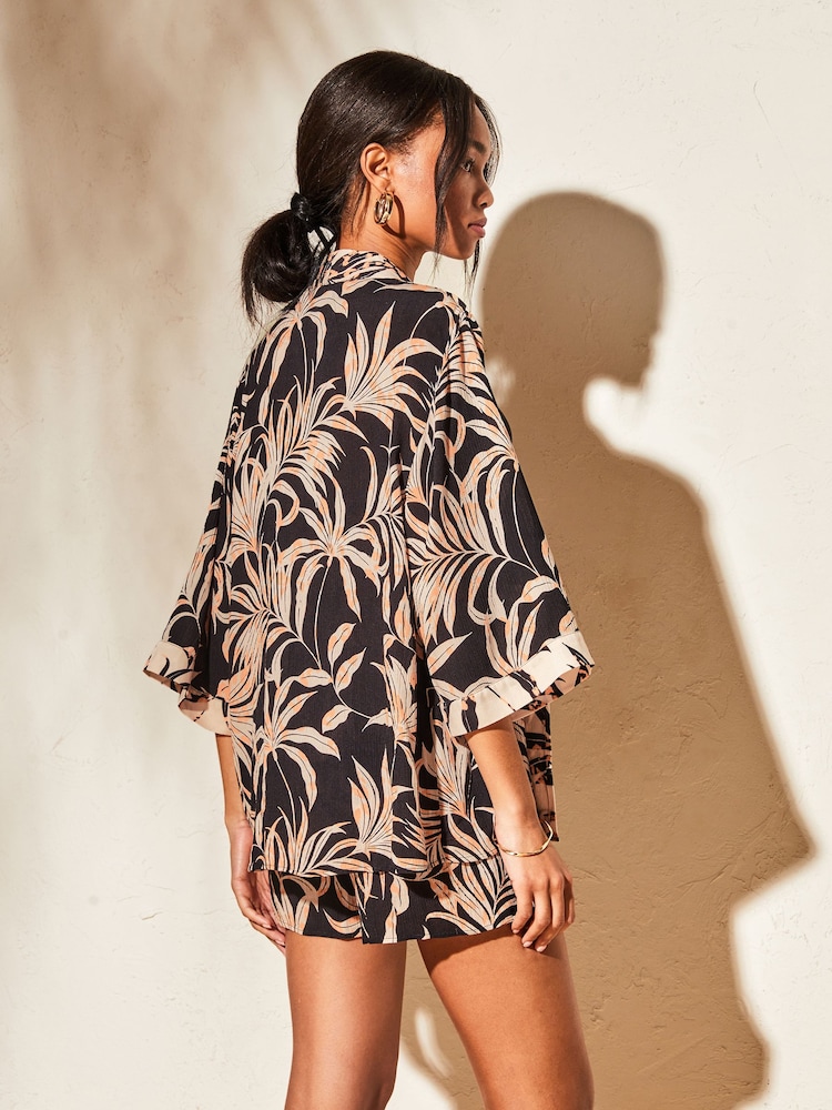 Lipsy Black Palm Printed Open Sleeved Kimono Cover up - Image 2 of 4