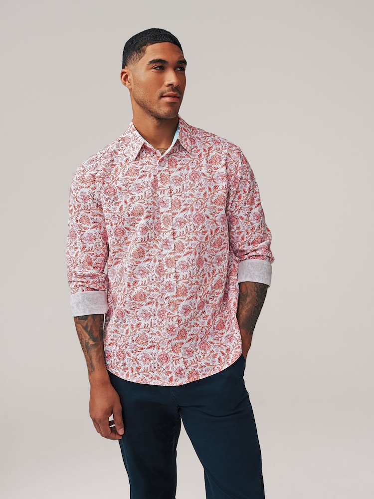 Red Linen Blend Printed Roll Sleeve Shirt - Image 1 of 9