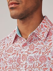 Red Linen Blend Printed Roll Sleeve Shirt - Image 4 of 9