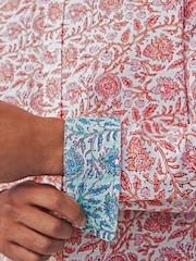 Red Linen Blend Printed Roll Sleeve Shirt - Image 6 of 9