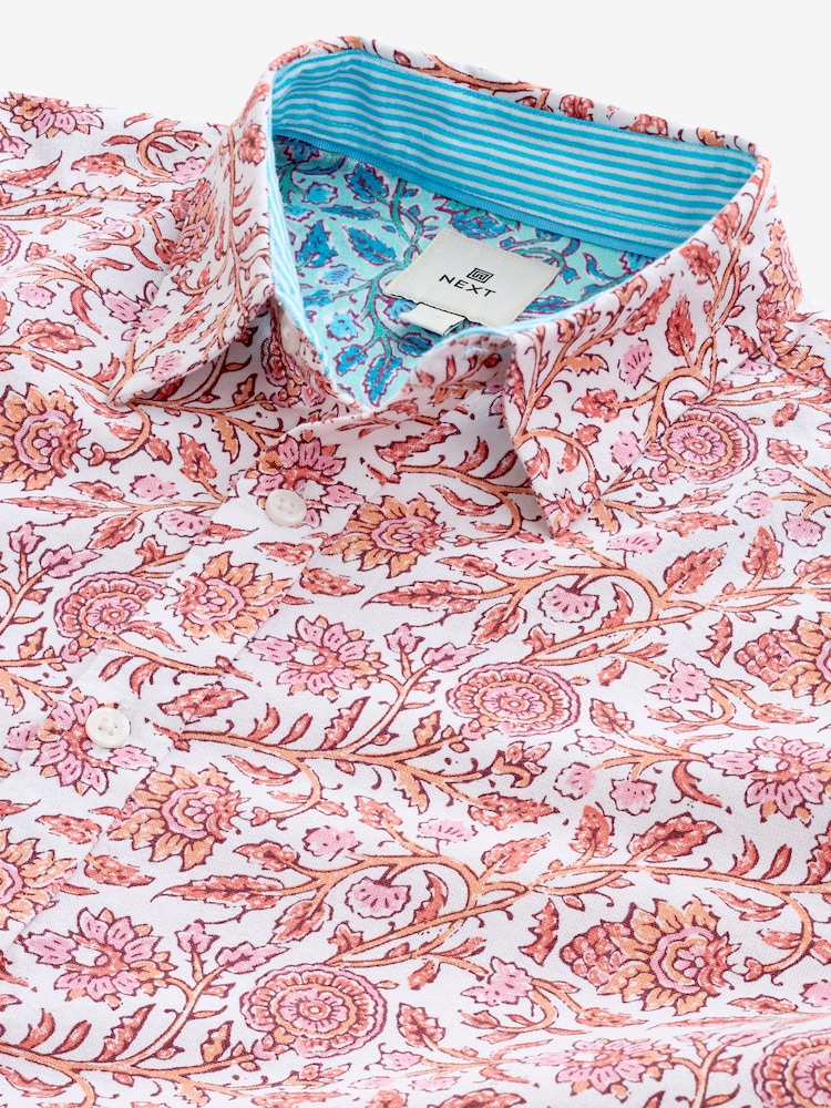 Red Linen Blend Printed Roll Sleeve Shirt - Image 9 of 9
