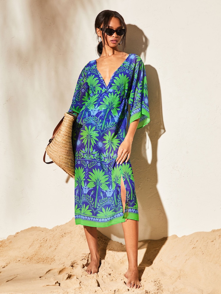Lipsy Blue Green Printed V Neck Split Detail Cover Up - Image 1 of 4