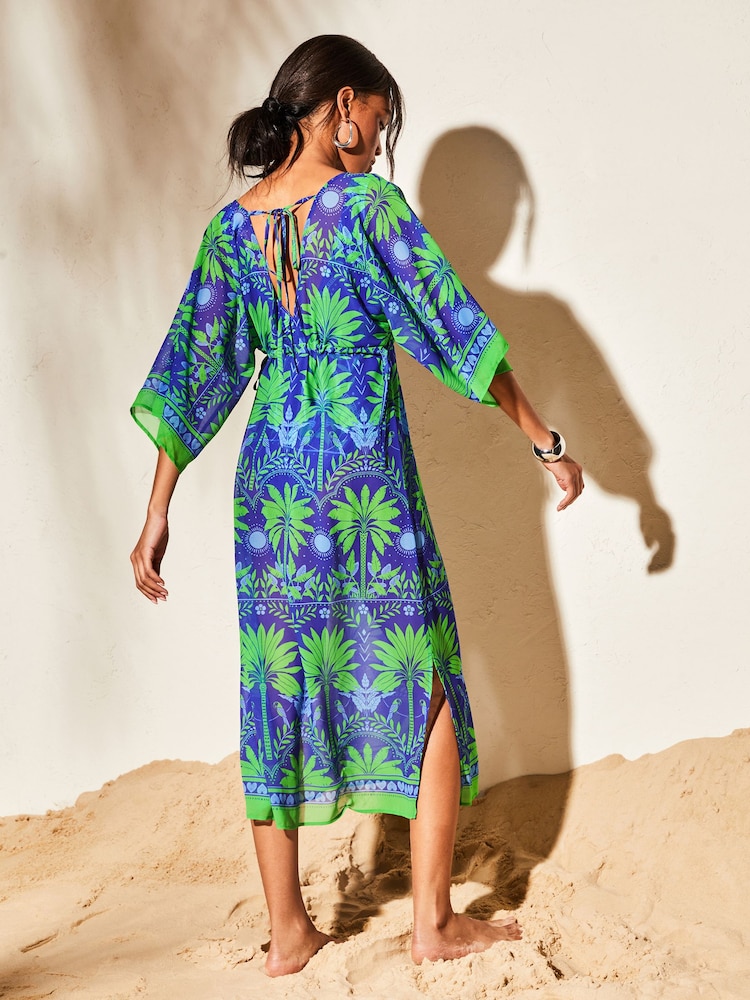 Lipsy Blue Green Printed V Neck Split Detail Cover Up - Image 2 of 4