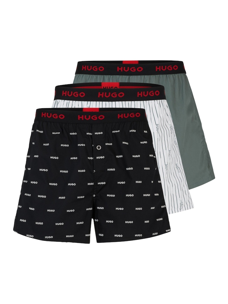HUGO Green Cotton Boxers Shorts With Logo Waistbands 3 Pack - Image 1 of 6