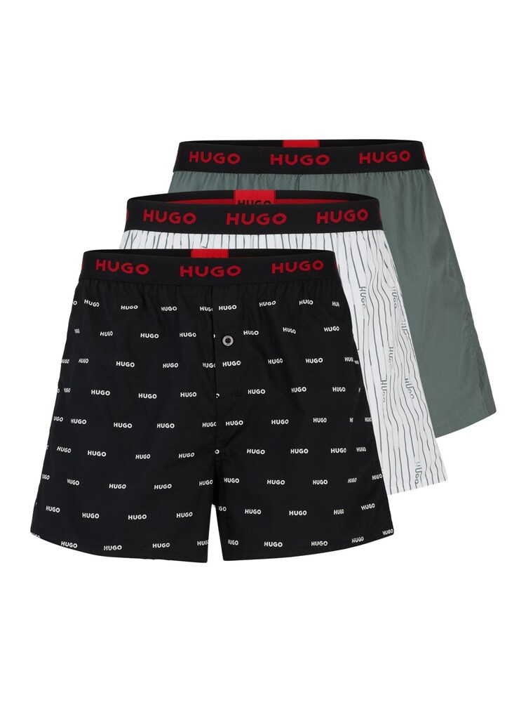 HUGO Green Cotton Boxers Shorts With Logo Waistbands 3 Pack - Image 1 of 6 HUGO Green Cotton Boxers Shorts With Logo Waistbands 3 Pack - Image 1 of 6
