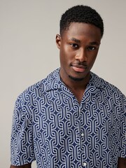 Navy Blue Linen Blend Printed Short Sleeve Shirt - Image 1 of 8