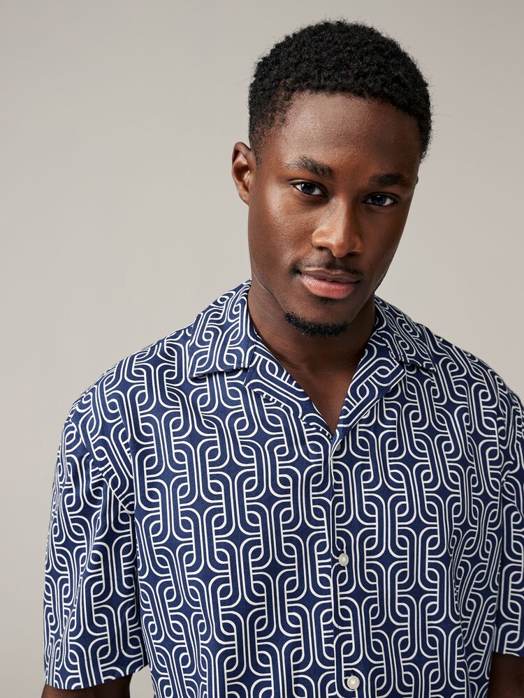 Navy Blue Linen Blend Printed Short Sleeve Shirt - Image 1 of 8