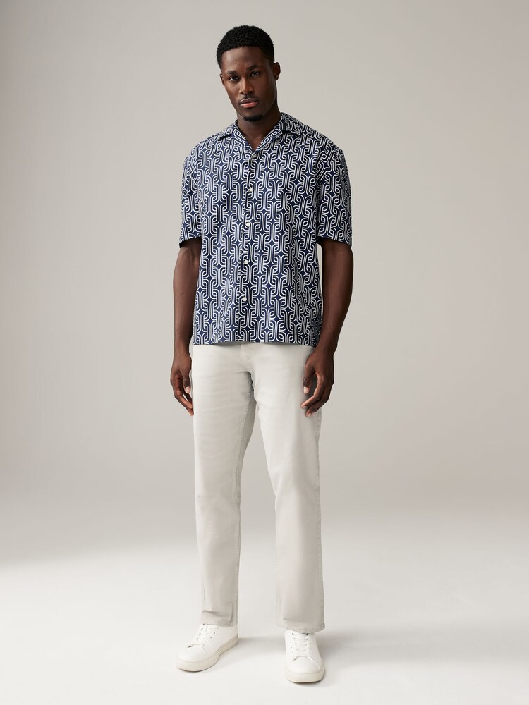 Navy Blue Linen Blend Printed Short Sleeve Shirt - Image 2 of 8