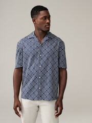 Navy Blue Linen Blend Printed Short Sleeve Shirt - Image 4 of 8