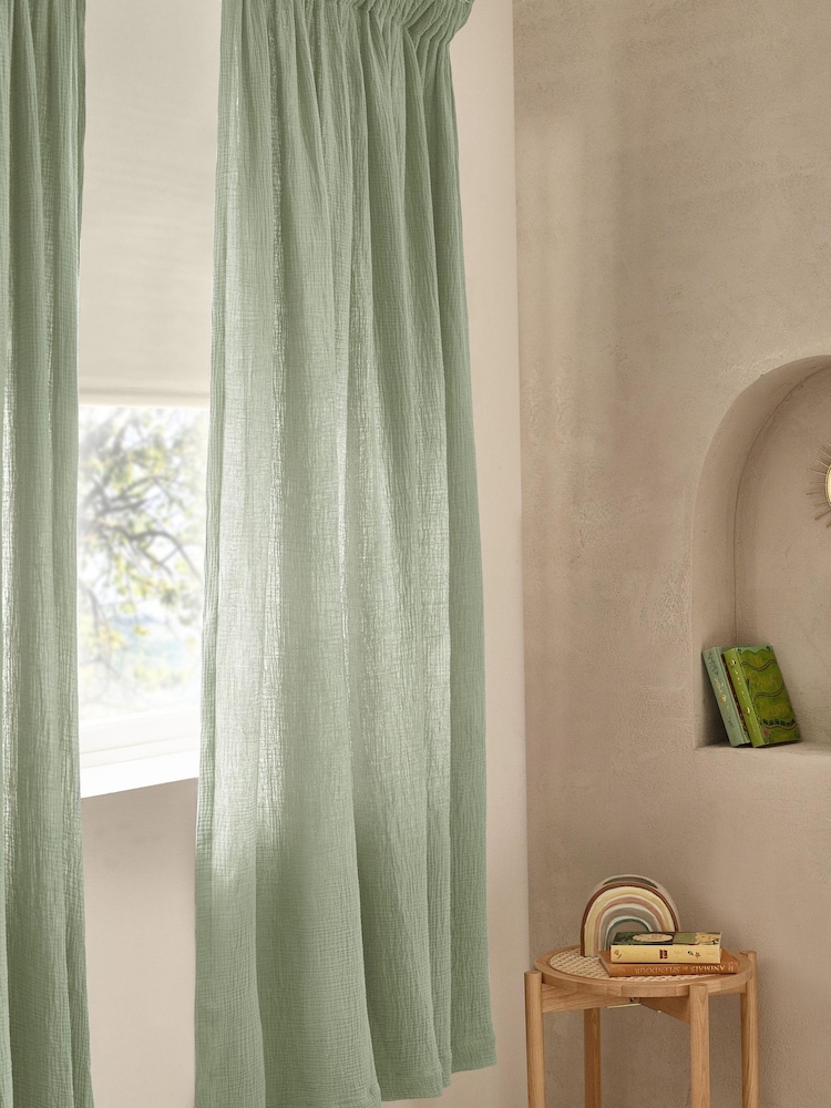 Sage Green 100% Cotton Crinkle Pencil Pleat Curtains - Image 1 of 7 Sage Green 100% Cotton Crinkle Pencil Pleat Curtains - Image 1 of 7