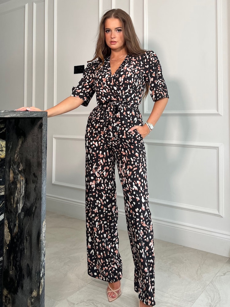 Girl In Mind Black Pink Spot Fizz Puff Sleeve Wide Leg Jumpsuit - Image 1 of 4 Girl In Mind Black Pink Spot Fizz Puff Sleeve Wide Leg Jumpsuit - Image 1 of 4