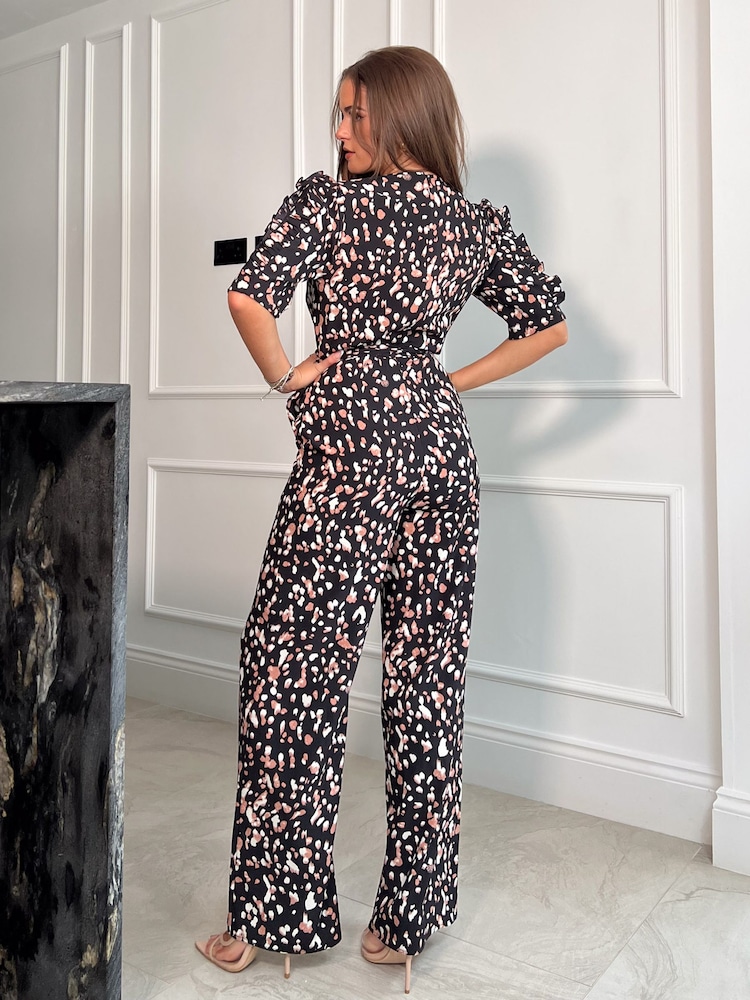 Girl In Mind Black Pink Spot Fizz Puff Sleeve Wide Leg Jumpsuit - Image 4 of 4