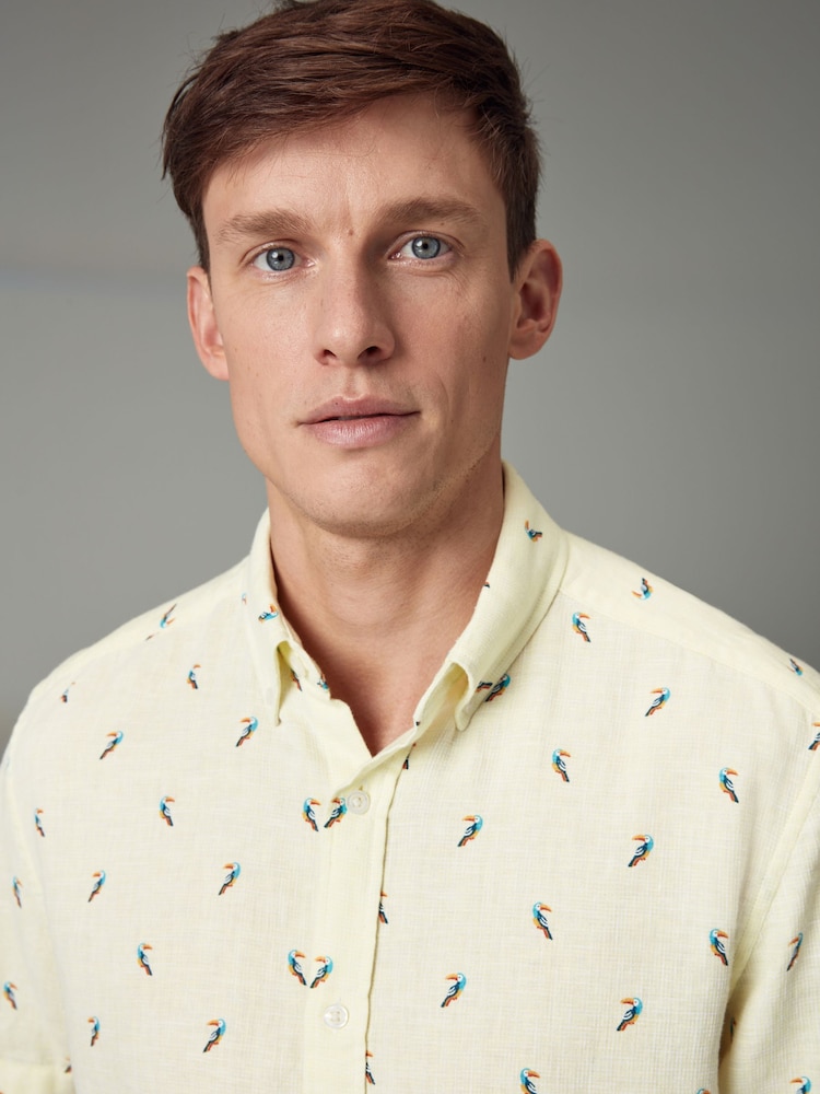 Yellow Linen Blend Printed Short Sleeve Shirt - Image 1 of 6