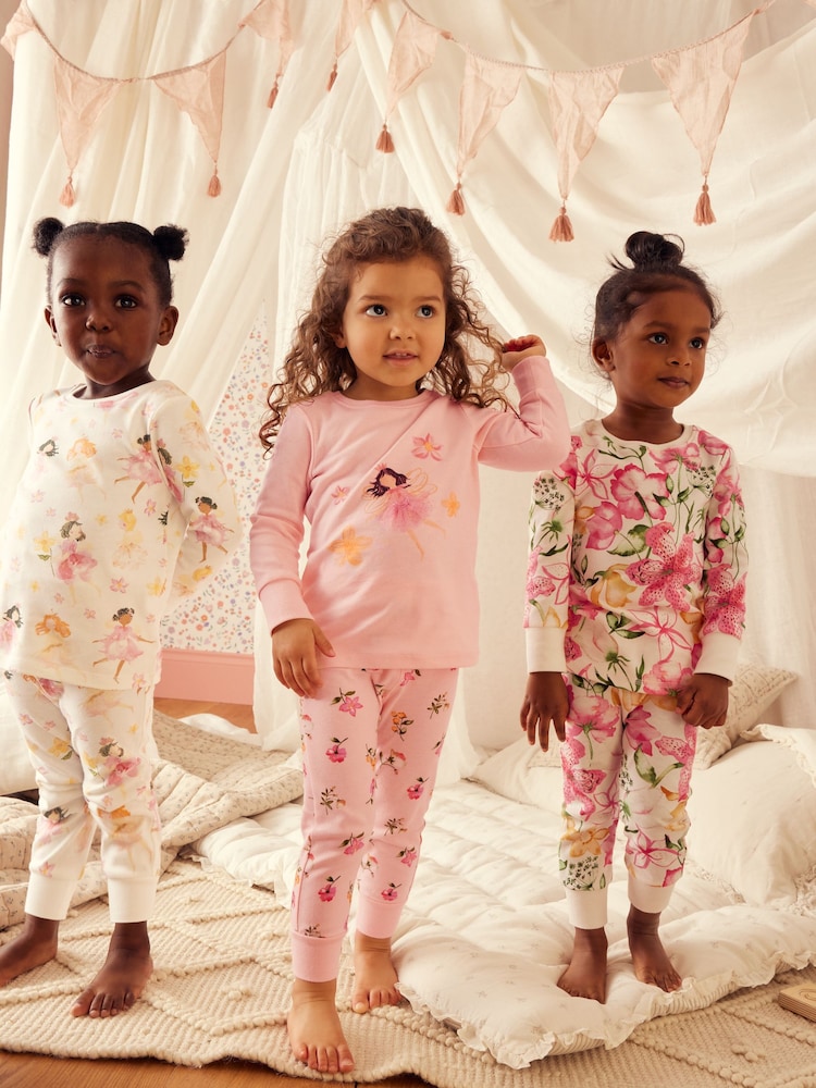 Pink/Cream Fairy Long Sleeve Snuggle Pyjamas 3 Pack (9mths-16yrs) - Image 1 of 15