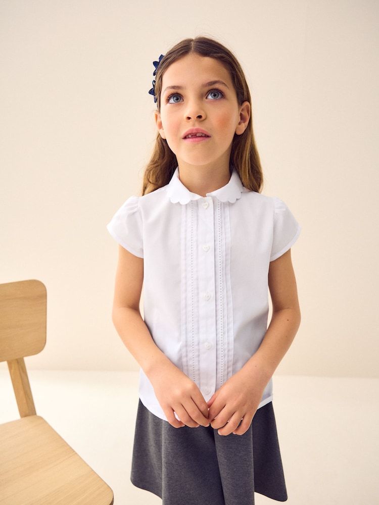 White Long Sleeve Scalloped Lace Trim School Blouse (3-14yrs) - Image 1 of 9