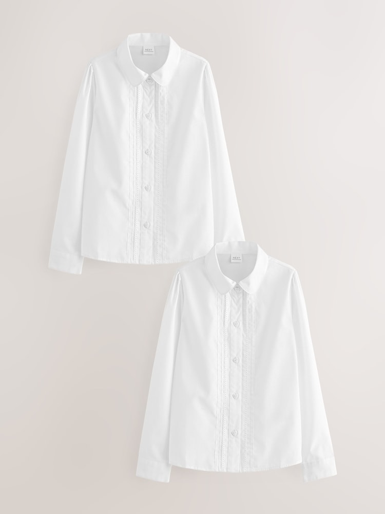 White Long Sleeve Lace Trim School Blouses 2 Pack (3-14yrs) - Image 1 of 4