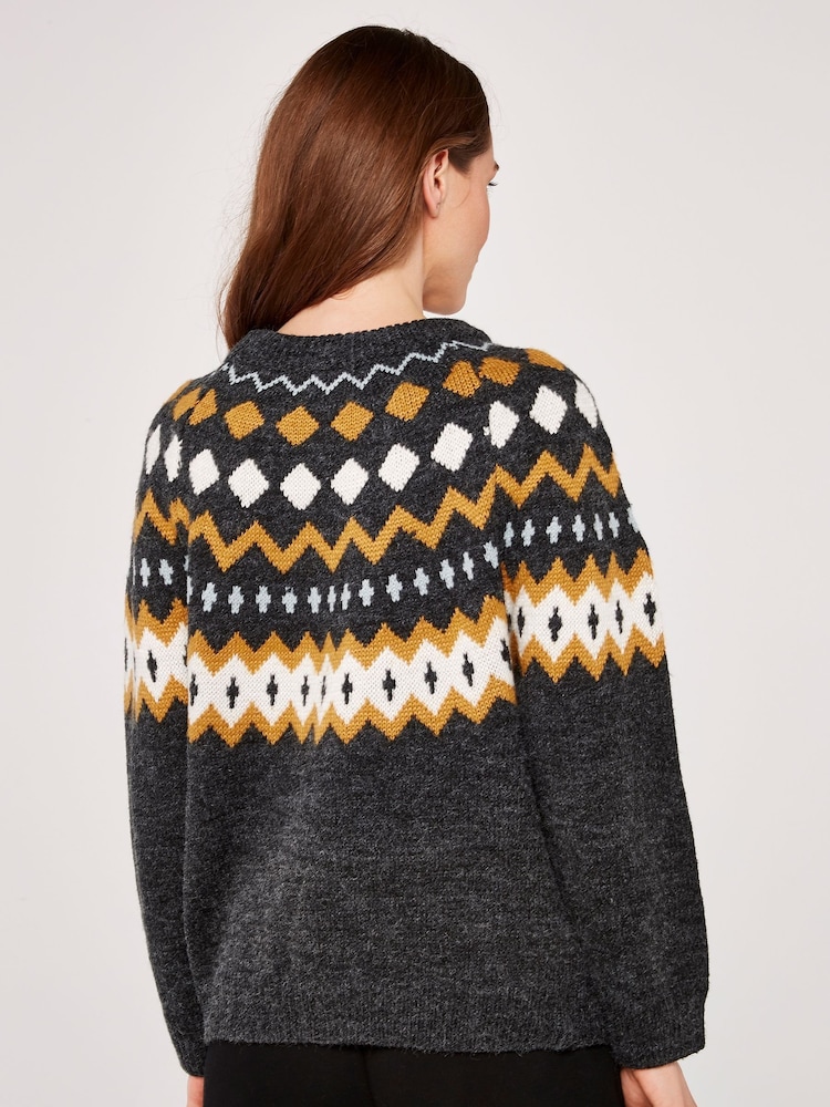 Apricot Grey Fairisle Pattern Neckline Wide Neck Jumper - Image 2 of 5