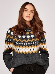 Apricot Grey Fairisle Pattern Neckline Wide Neck Jumper - Image 3 of 5