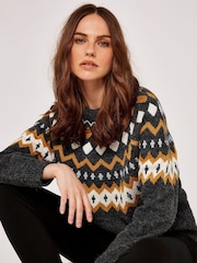 Apricot Grey Fairisle Pattern Neckline Wide Neck Jumper - Image 4 of 5