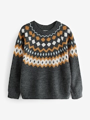 Apricot Grey Fairisle Pattern Neckline Wide Neck Jumper - Image 5 of 5