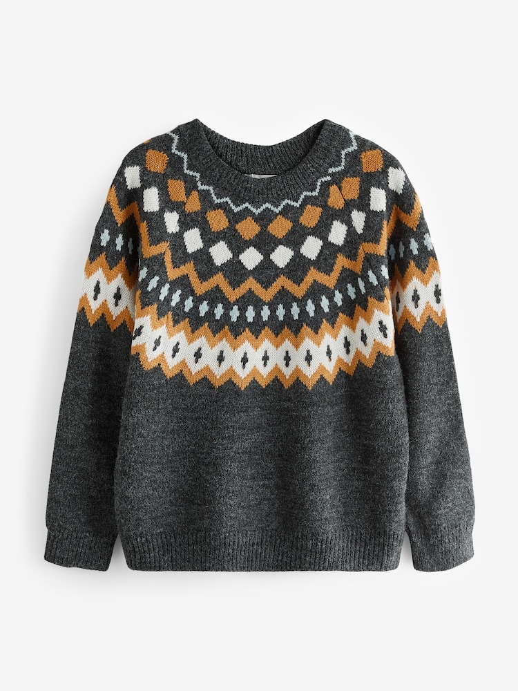 Apricot Grey Fairisle Pattern Neckline Wide Neck Jumper - Image 5 of 5