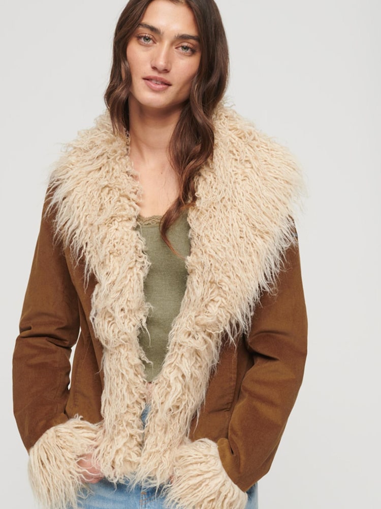Superdry Brown Crop Quilt Line Afghan Jacket - Image 1 of 6