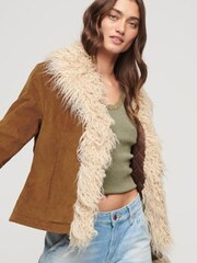 Superdry Brown Crop Quilt Line Afghan Jacket - Image 3 of 6