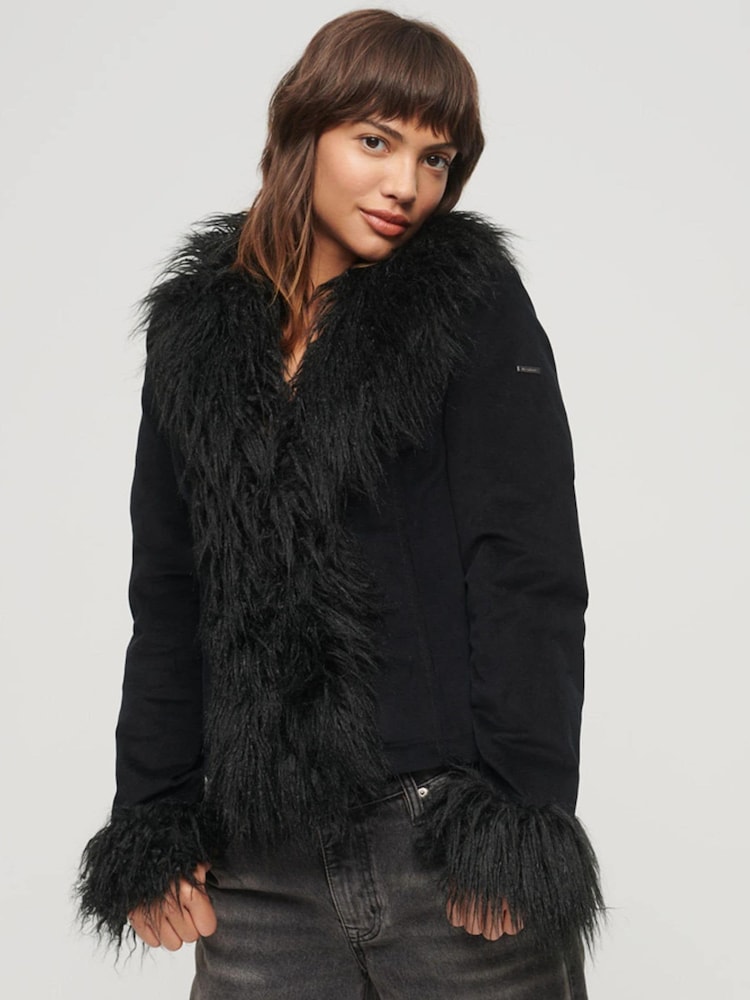 Superdry Black Crop Quilt Line Afghan Jacket - Image 1 of 7