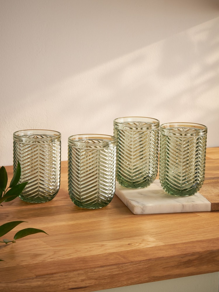 Set of 4 Sage Green Pressed Chevron Tumbler Glasses - Image 1 of 4