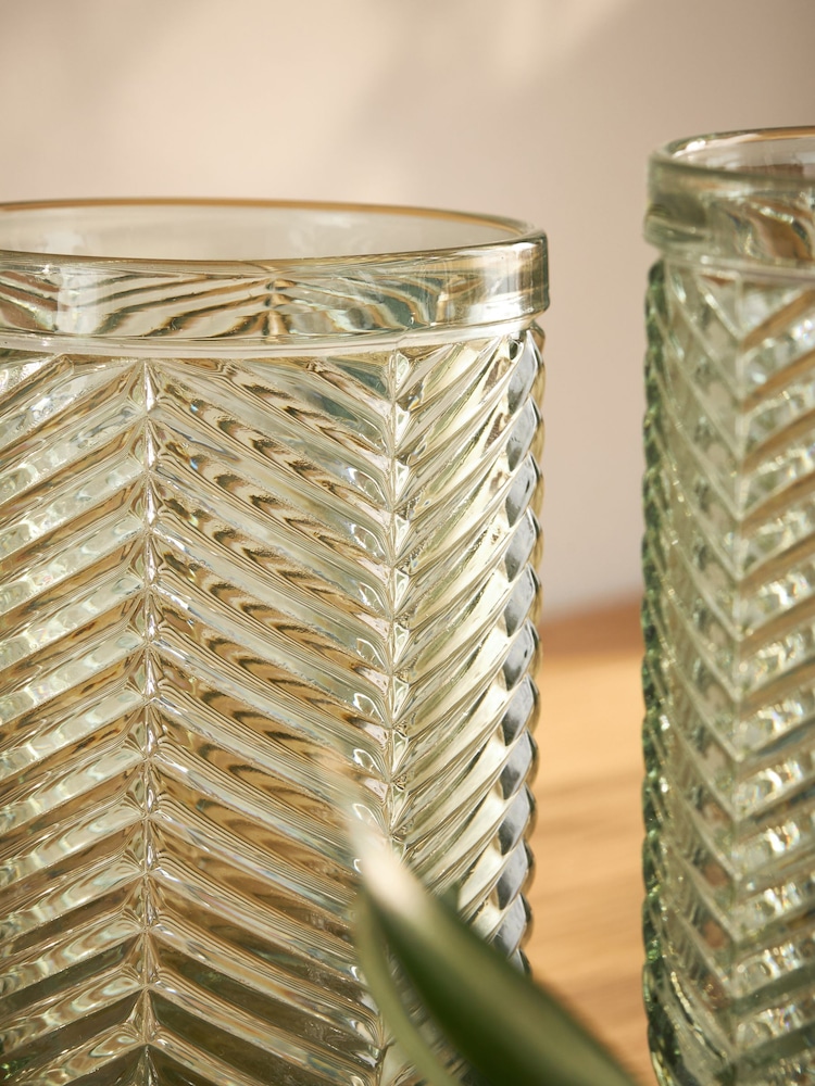 Set of 4 Sage Green Pressed Chevron Tumbler Glasses - Image 2 of 4