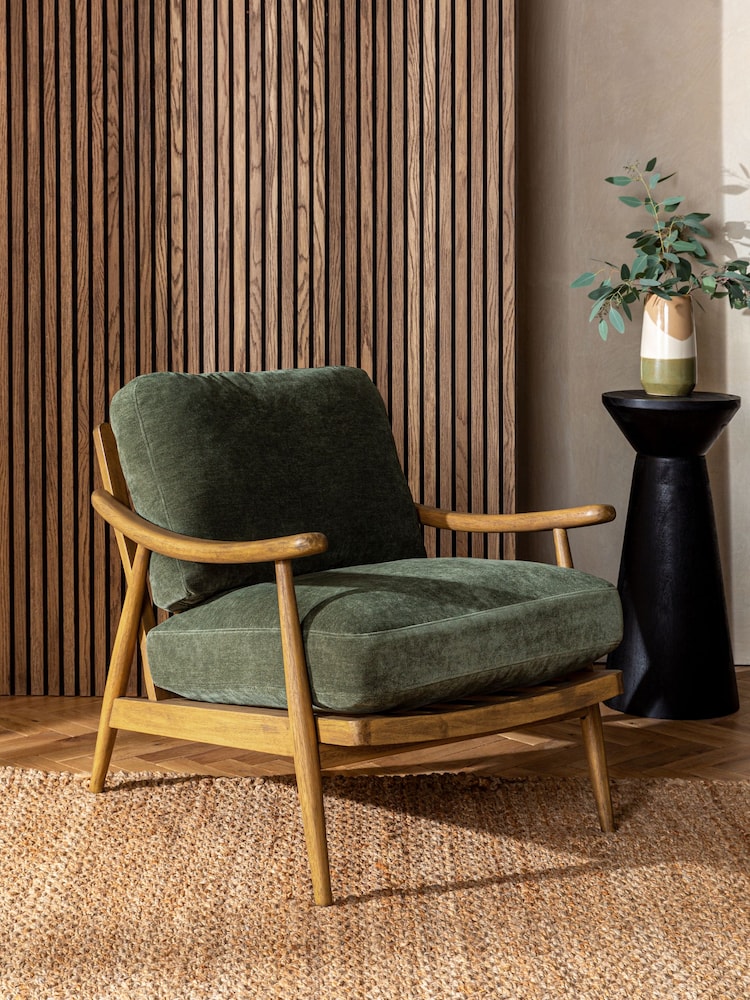 Relaxed Chenille Forest Green Bronx Frame Hampton Wooden Accent Chair - Image 1 of 10