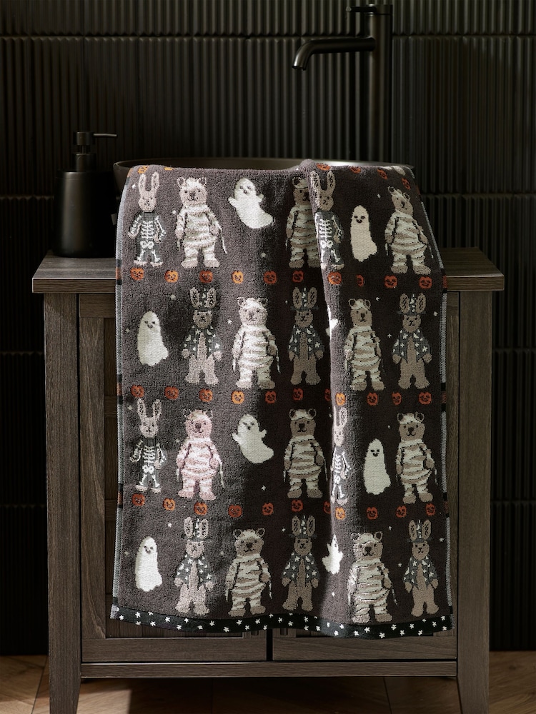 Black Halloween Bertie Bear and Rosie Rabbit 100% Cotton Towels - Image 1 of 5 Black Halloween Bertie Bear and Rosie Rabbit 100% Cotton Towels - Image 1 of 5