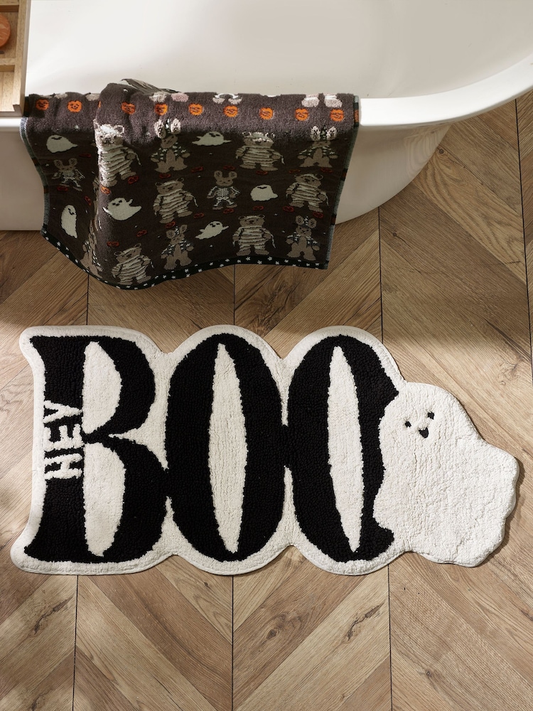 Black Halloween Ghost 100% Cotton Slogan Bath Mat - Image 1 of 4