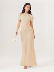 Lipsy Cream Short Sleeve Ruched Front Split Bridesmaid Dress - Image 1 of 4